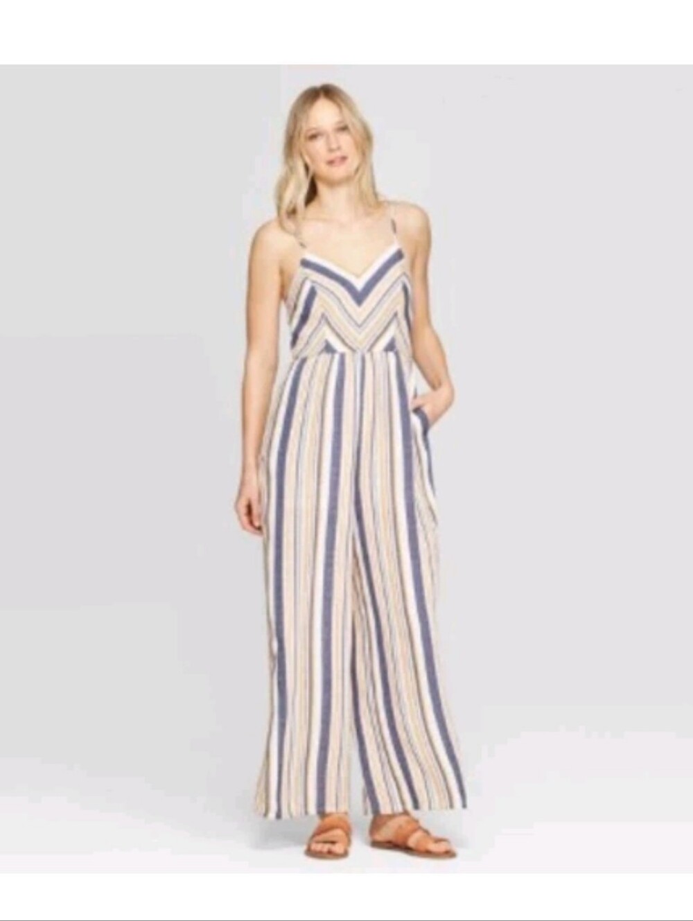Xhilaration Striped Wide Leg Jumpsuit Medium Blue Pink Yellow Smocked Back Boho
